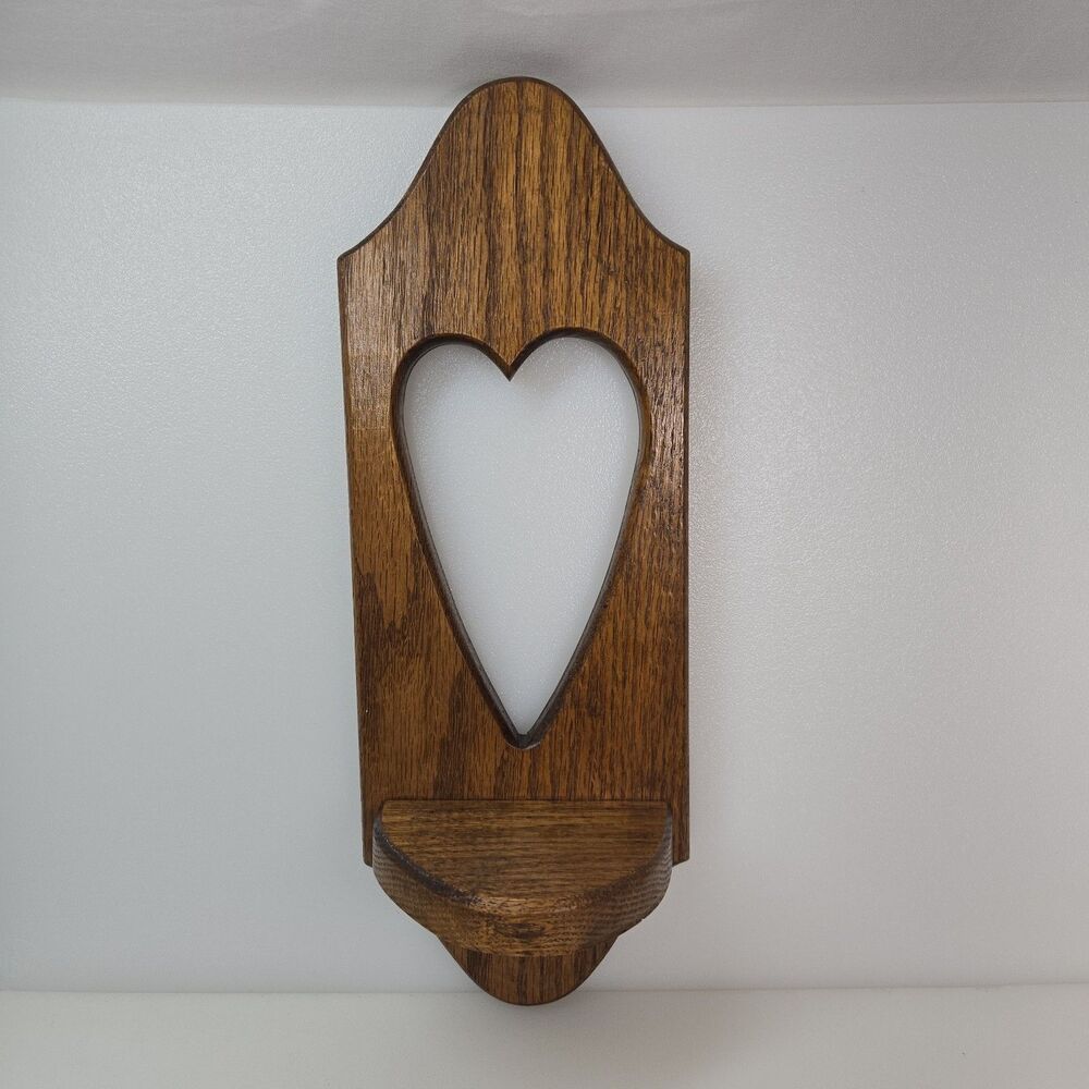 Vintage Wooden Wall Shelf with Heart Cutout Rustic Country Cottage Decor Display